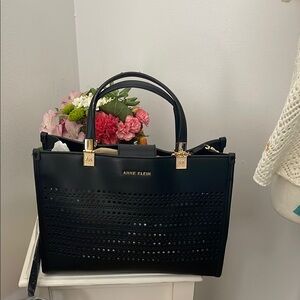 Anne Klein Black Satchel with Perforated Design
